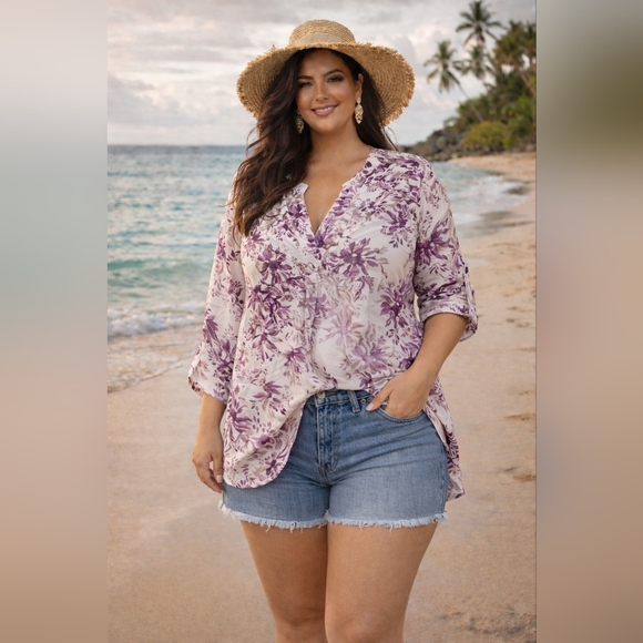 Avon Tops - Avon V Cut Pleated Roll Tab Tunic Top 3x Boho, Floral,Coastal,Spring, Summer